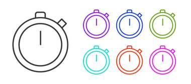 Siyah çizgi Stopwatch simgesi beyaz arkaplanda izole edildi. Zaman göstergesi. Kronometre işareti. Simgeleri renklendirin. Vektör İllüstrasyonu