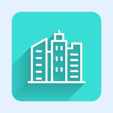 Beyaz çizgi şehir manzara ikonu uzun gölgeli izole edilmiş. Metropolis mimarisi panoramik manzara. Yeşil kare düğmesi. Vektör İllüstrasyonu