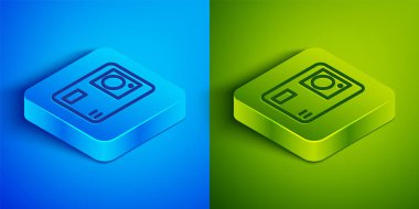 Isometric line Action ekstrem kamera simgesi mavi ve yeşil arkaplanda izole edildi. Ekstrem sporları çekmek için video kamera ekipmanı. Kare düğmesi. Vektör İllüstrasyonu