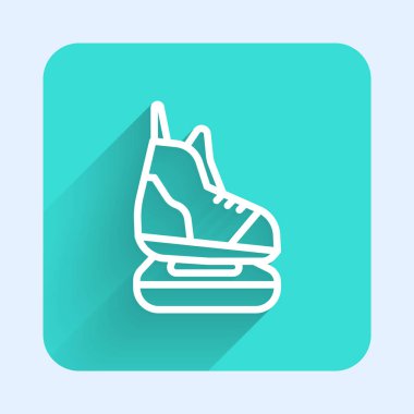 Beyaz çizgi buz pateni ikonu uzun gölgeli izole edilmiş. Buz pateni ayakkabısı ikonu. Kılıçlı spor botlar. Yeşil kare düğmesi. Vektör İllüstrasyonu