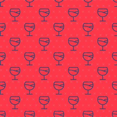 Mavi çizgi şarap cam ikonu kırmızı arka planda izole edilmiş pürüzsüz desen. Şarap kadehi işareti. Vektör İllüstrasyonu