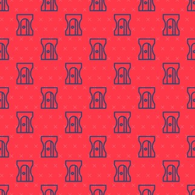 Mavi çizgi kalem açacağı simgesi kırmızı arkaplanda izole edilmiş kusursuz desen. Vektör İllüstrasyonu