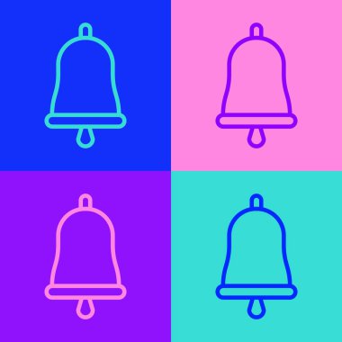 Pop sanat çizgisi zil simgesi renk arkaplanda izole edildi. Alarm sembolü, servis zili, el zili işareti, uyarı sembolü. Vektör İllüstrasyonu