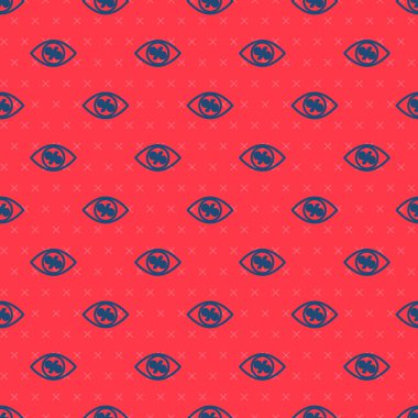 Kırmızı arka planda yüzde ikon izole edilmiş mavi çizgi göz. Etiket alışverişi. Özel teklif işareti. İndirim kuponları sembolü. Vektör İllüstrasyonu