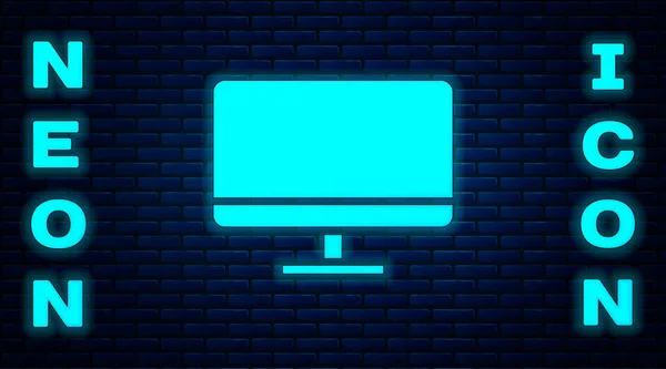 Icono Pantalla Monitor Neón Brillante Aislado Fondo Pared Ladrillo Dispositivo — Archivo Imágenes Vectoriales