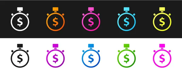 Set Time Ícone Dinheiro Isolado Fundo Preto Branco Dinheiro Tempo — Vetor de Stock