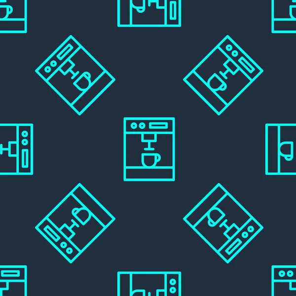 Yeşil çizgi kahve makinesi ikonu mavi arka planda kusursuz desen izole etti. Vektör İllüstrasyonu