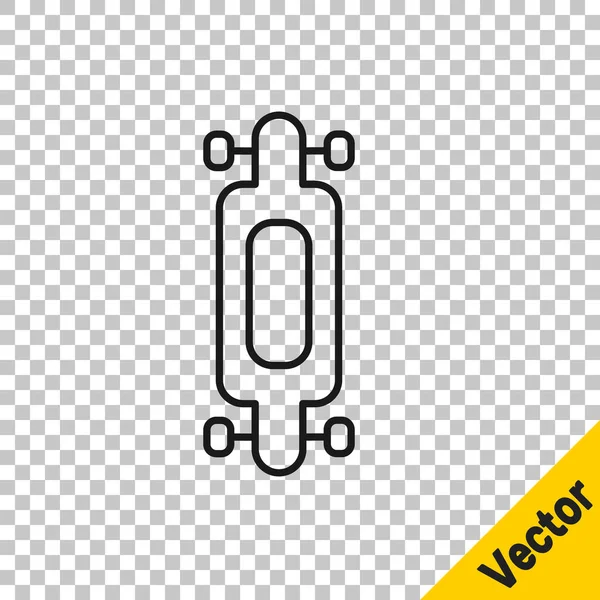 ブラックラインロングボードまたはスケートボードクルーザーのアイコンは 透明な背景に隔離されました 極端なスポーツだ スポーツ用具 ベクターイラスト — ストックベクタ