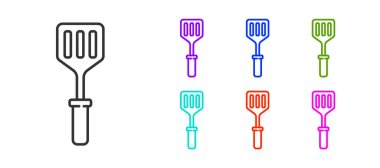 Siyah çizgi Spatula simgesi beyaz arkaplanda izole edildi. Mutfak spatula ikonu. Bbq spatula işareti. Barbekü ve ızgara aleti. Simgeleri renklendirin. Vektör İllüstrasyonu