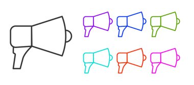 Siyah çizgi Megafon simgesi beyaz arkaplanda izole edildi. Sözcü işareti. Simgeleri renklendirin. Vektör İllüstrasyonu