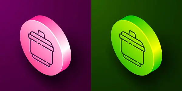 等距线烹饪壶图标隔离在紫色和绿色背景 蒸煮或炖煮食品的象征 圆形按钮 病媒图解 — 图库矢量图片