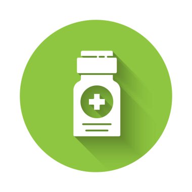 Uzun gölgeli beyaz ilaç şişesi ikonu. Şişe hapı işareti. Eczane tasarımı. Yeşil daire düğmesi. Vektör İllüstrasyonu