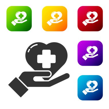 Siyah Kalp, beyaz arka planda izole edilmiş bir haç simgesi. İlk yardım. Sağlık, tıbbi ve eczane işaretleri. Renkli kare düğmelerle simgeleri ayarla. Vektör İllüstrasyonu