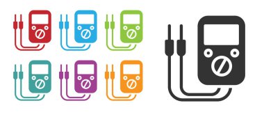 Siyah Ampere ölçer, multimetre, voltmetre ikonu beyaz arkaplanda izole edilmiş. Elektrik akımını ölçmek için araçlar. Simgeleri renklendirin. Vektör İllüstrasyonu