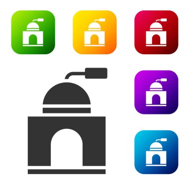 Siyah manuel kahve öğütücü simgesi beyaz arkaplanda izole edilmiş. Renkli kare düğmelerle simgeleri ayarla. Vektör İllüstrasyonu