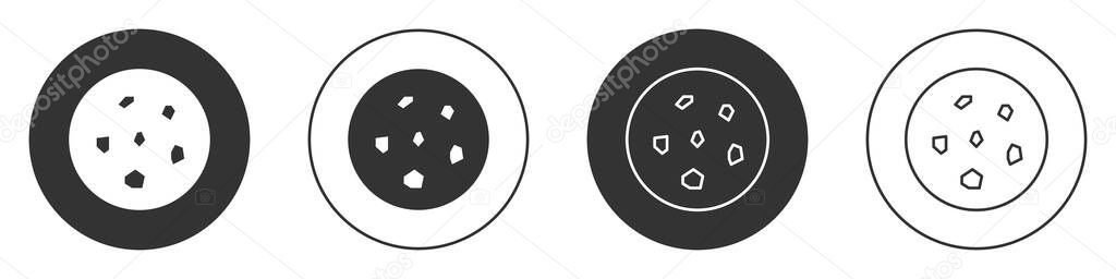 Black Cookie or biscuit with chocolate icon isolated on white background. Circle button. Vector Illustration