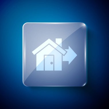 Beyaz Satış Evi ikonu mavi arka planda izole edildi. Ev konsepti al. Ev kredisi konsepti, kira, mülk satın alma. Kare cam paneller. Vektör İllüstrasyonu