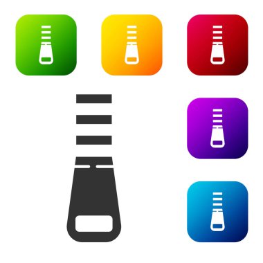 Siyah fermuar simgesi beyaz arkaplanda izole edilmiş. Renkli kare düğmelerle simgeleri ayarla. Vektör İllüstrasyonu