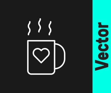 Siyah arka planda beyaz çizgi kahve fincanı ve kalp ikonu var. Sevgililer Günü 'nde sevgililer için birkaç kahve. Vektör İllüstrasyonu