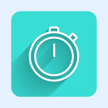 Beyaz çizgi Stopwatch simgesi uzun gölgeli izole edildi. Zaman göstergesi. Kronometre işareti. Yeşil kare düğmesi. Vektör İllüstrasyonu