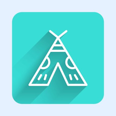 Beyaz çizgi geleneksel kızılderili çadırı ya da uzun gölgeli wigwam ikonu. Kızılderili çadırı. Yeşil kare düğmesi. Vektör İllüstrasyonu