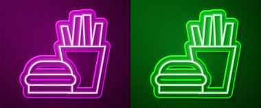 Mor ve yeşil arka planda izole edilmiş karton paket ikonunda parlak neon çizgili Burger ve patates kızartması. Hamburger, çizburger sandviçi. Fast food. Vektör İllüstrasyonu