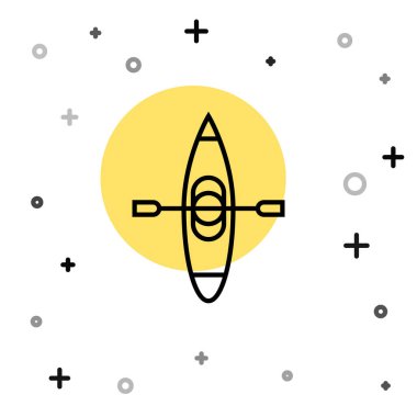 Siyah çizgi kano ve kürek simgesi beyaz arkaplanda izole edildi. Balıkçılık ve turizm için kano. Açık hava aktiviteleri. Rastgele dinamik şekiller. Vektör İllüstrasyonu