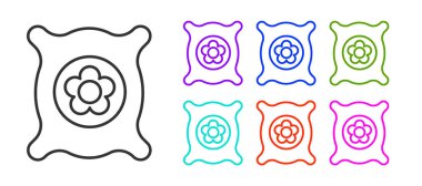 Beyaz arka planda izole edilmiş özel bir bitki simgesinin tohumlarıyla dolu siyah çizgi paketi. Simgeleri renklendirin. Vektör İllüstrasyonu