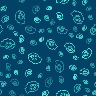 Kulaklık simgesine sahip yeşil çizgi adamı mavi arka planda izole edilmiş kusursuz desen. Destek operatörü hatta. Çağrı merkezi konsepti, müşteri destek servisi. Vektör İllüstrasyonu