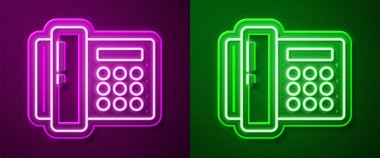 Parlayan neon hattı telefon ikonu mor ve yeşil arka planda izole edildi. Sabit telefon. Vektör İllüstrasyonu
