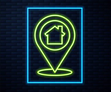 Duvarda izole edilmiş ev simgesi olan parlak neon çizgili harita işaretçisi. Ev konumu belirleyici sembol. Vektör İllüstrasyonu