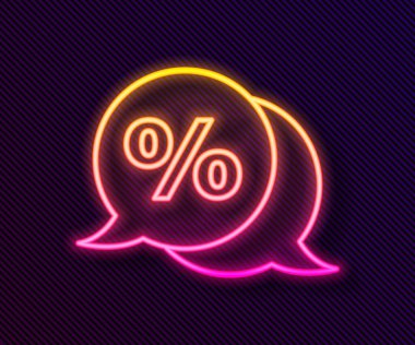 Parlayan neon hattı% indirimli etiket simgesi siyah arkaplanda izole edildi. Etiket alışverişi. Özel teklif işareti. İndirim kuponları sembolü. Vektör İllüstrasyonu