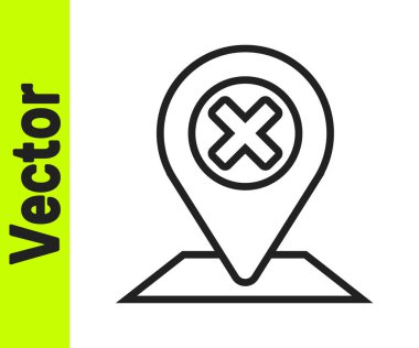 Siyah çizgi harita pin simgesi beyaz arkaplanda izole edildi. Navigasyon, işaret, konum, harita, GPS, yön, yer, pusula, arama konsepti. Vektör İllüstrasyonu