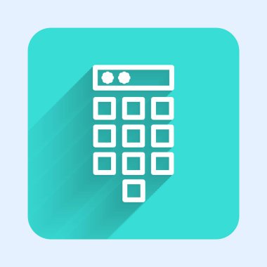 Beyaz çizgi şifre koruması ve uzun gölgeli güvenlik erişim simgesi. Güvenlik, güvenlik, koruma, gizlilik kavramı. Yeşil kare düğmesi. Vektör İllüstrasyonu