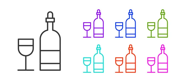 Black Line Wine Bottle Glass Icon Isolated White Background Set — Stock Vector
