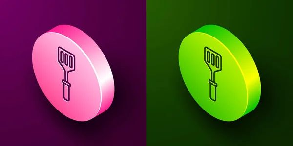 Isometric Line Spatula Icon Isolated Purple Green Background Kitchen Spatula — Stock Vector