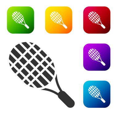 Siyah Tenis raket ikonu beyaz arkaplanda izole edildi. Spor malzemeleri. Renkli kare düğmelerle simgeleri ayarla. Vektör İllüstrasyonu.