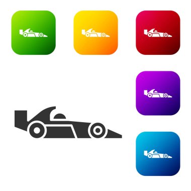 Siyah Formula 1 yarış arabası ikonu beyaz arka planda izole edildi. Renkli kare düğmelerle simgeleri ayarla. Vektör İllüstrasyonu.