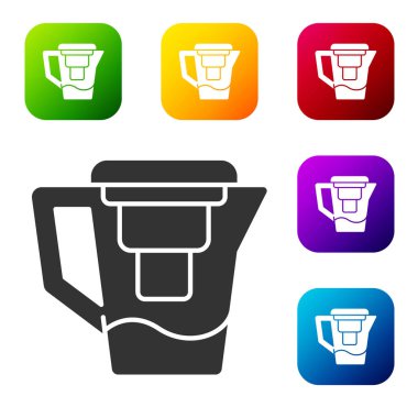 Beyaz arkaplanda izole edilmiş bir filtre simgesi olan siyah su testisi. Renkli kare düğmelerle simgeleri ayarla. Vektör İllüstrasyonu.