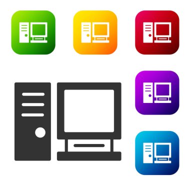 Siyah Bilgisayar monitörü simgesi beyaz arkaplanda izole edildi. Bilgisayar bileşeni işareti. Renkli kare düğmelerle simgeleri ayarla. Vektör İllüstrasyonu.