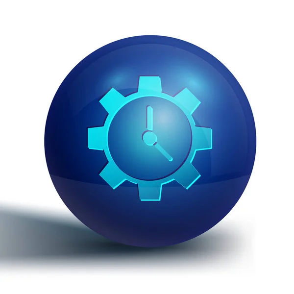 青い時間管理アイコンは白い背景に隔離されています 時計とギアのサイン 生産性のシンボル 青い丸ボタン ベクターイラスト — ストックベクタ