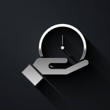 Siyah arkaplanda izole edilmiş Gümüş Saat simgesi. Zaman sembolü. Uzun gölge tarzı. Vektör İllüstrasyonu.