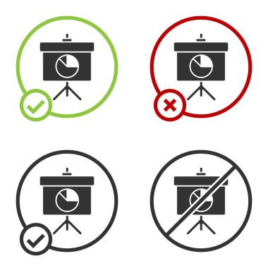 Grafik, çizelge, çizelge, diyagram, bilgi, turta grafik simgesi içeren siyah sunum tahtası beyaz arkaplanda izole edildi. Çember düğmesi. Vektör İllüstrasyonu.