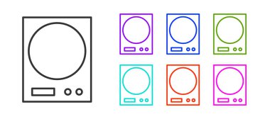 Siyah çizgi Elektronik ölçek simgesi beyaz arkaplanda izole edildi. Ağırlık ölçüm aletleri. Simgeleri renklendirin. Vektör İllüstrasyonu.