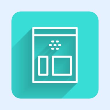 Uzun gölgeli beyaz çizgi kahve çekirdeği ikonu. Yeşil kare düğmesi. Vektör İllüstrasyonu.