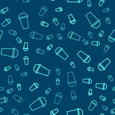 Yeşil çizgi milkshake simgesi mavi arkaplanda izole edilmiş kusursuz desen. Kapaklı ve samanlı plastik bardak. Vektör İllüstrasyonu.