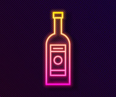 Parlayan neon hattı siyah arka planda izole edilmiş cam şişe votka ikonu. Vektör İllüstrasyonu.