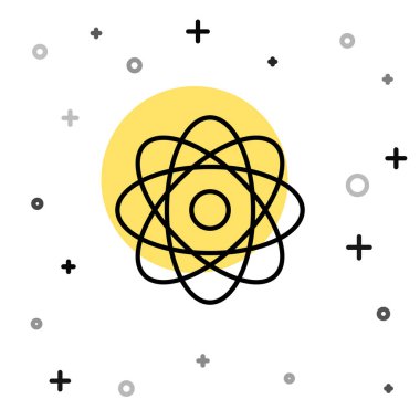 Siyah çizgi Atom simgesi beyaz arkaplanda izole edildi. Bilimin, eğitimin, nükleer fiziğin, bilimsel araştırmaların sembolü. Rastgele dinamik şekiller. Vektör İllüstrasyonu.