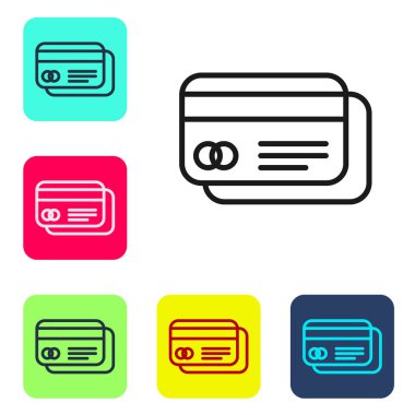 Siyah çizgi kredi kartı simgesi beyaz arkaplanda izole edildi. Çevrimiçi ödeme. Nakit çekilmesi. Finansal operasyonlar. Alışveriş tabelası. Renkli kare düğmelerle simgeleri ayarla. Vektör İllüstrasyonu.