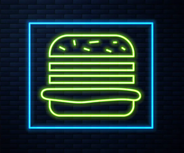 Brillante Línea Neón Burger Icono Aislado Fondo Pared Ladrillo Icono — Vector de stock